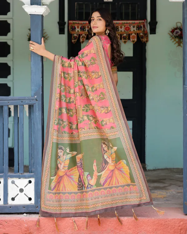 Coral_Pink_Handloom_Cotton_Saree_with_Traditional_Folk_Procession_Print_&_Classical_Dance_Pallu