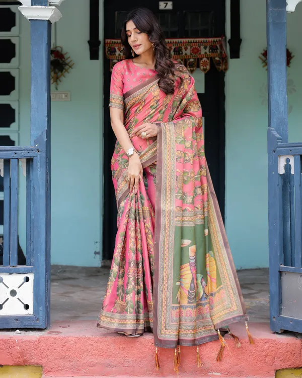 Coral_Pink_Handloom_Cotton_Saree_with_Traditional_Folk_Procession_Print_&_Classical_Dance_Pallu