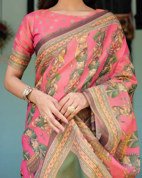 Coral_Pink_Handloom_Cotton_Saree_with_Traditional_Folk_Procession_Print_&_Classical_Dance_Pallu