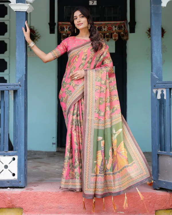 Coral_Pink_Handloom_Cotton_Saree_with_Traditional_Folk_Procession_Print_&_Classical_Dance_Pallu