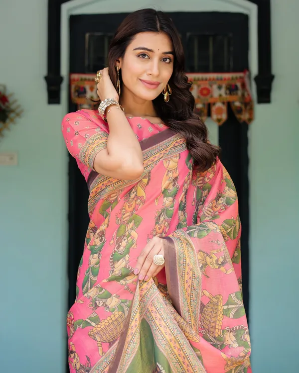 Coral_Pink_Handloom_Cotton_Saree_with_Traditional_Folk_Procession_Print_&_Classical_Dance_Pallu