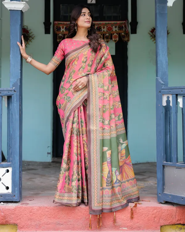 Coral_Pink_Handloom_Cotton_Saree_with_Traditional_Folk_Procession_Print_&_Classical_Dance_Pallu