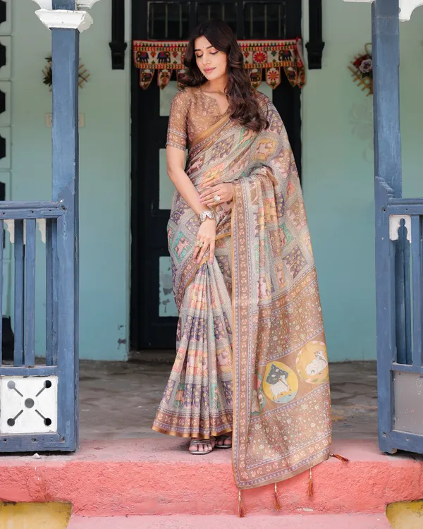 Coffee_Brown_Handloom_Cotton_Saree_with_Classical_Art_&_Sacred_Cow_Pallu