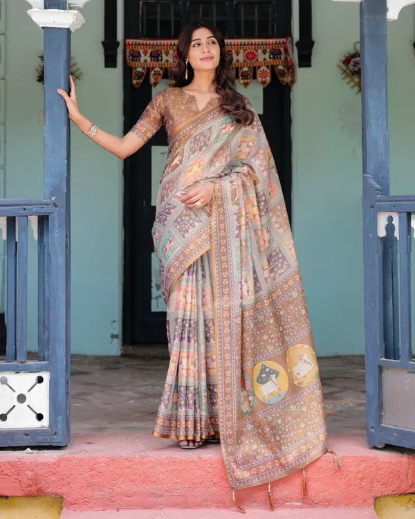 Coffee_Brown_Handloom_Cotton_Saree_with_Classical_Art_&_Sacred_Cow_Pallu