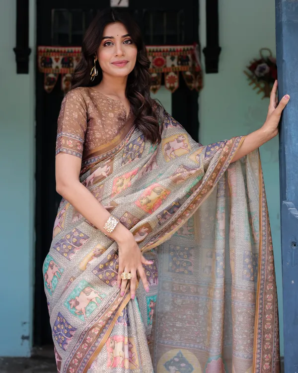 Coffee_Brown_Handloom_Cotton_Saree_with_Classical_Art_&_Sacred_Cow_Pallu