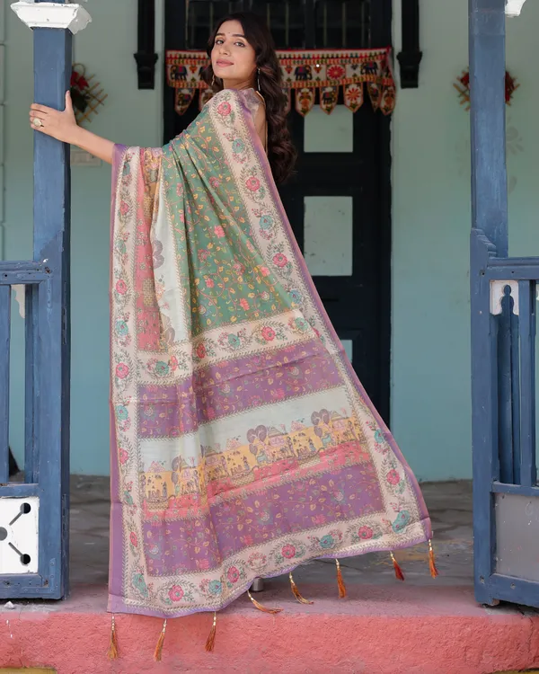 Green_Lavender_Handloom_Cotton_Saree_with_Floral_Vines_&_Heritage_Village_Pallu