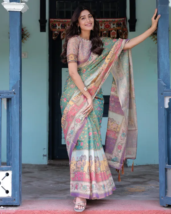 Green_Lavender_Handloom_Cotton_Saree_with_Floral_Vines_&_Heritage_Village_Pallu