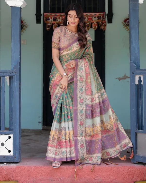 Green_Lavender_Handloom_Cotton_Saree_with_Floral_Vines_&_Heritage_Village_Pallu