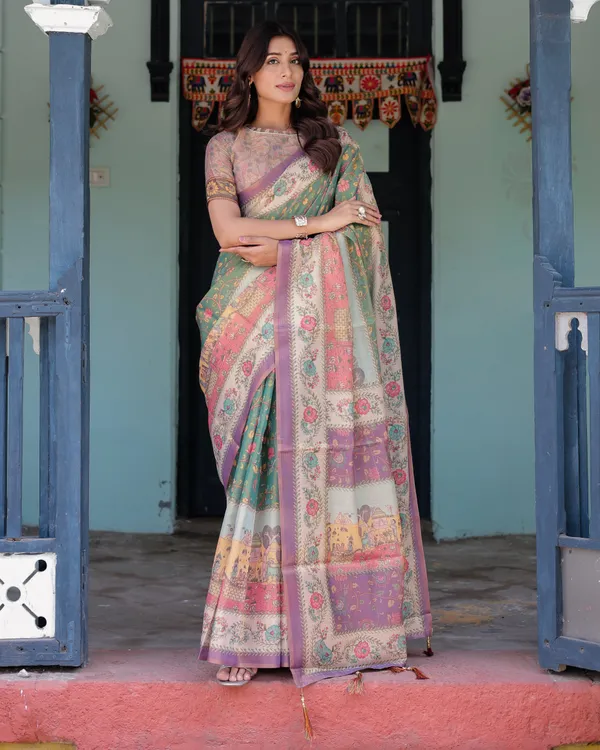Green_Lavender_Handloom_Cotton_Saree_with_Floral_Vines_&_Heritage_Village_Pallu