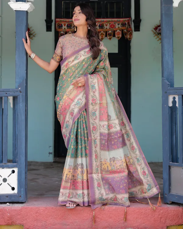 Green_Lavender_Handloom_Cotton_Saree_with_Floral_Vines_&_Heritage_Village_Pallu