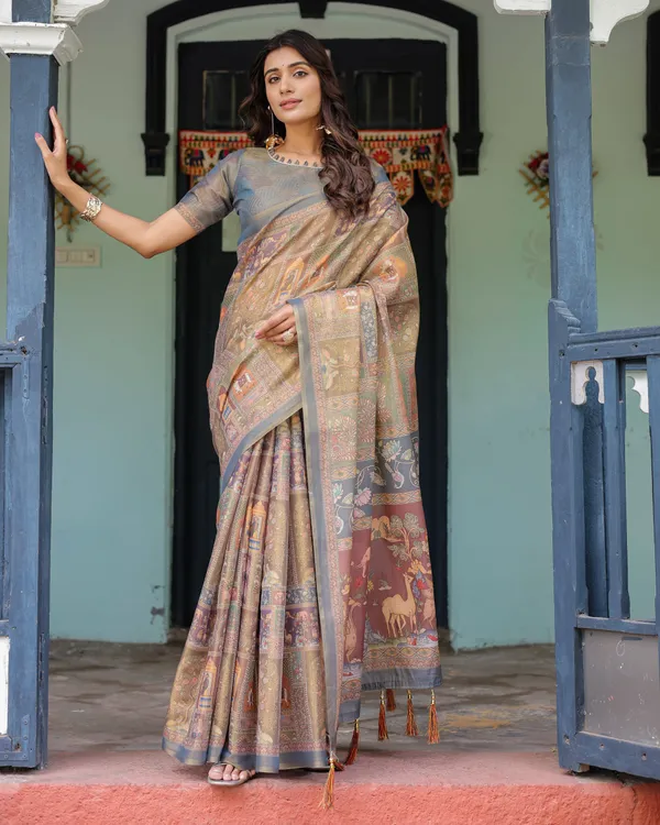 Rust_Beige_Handloom_Cotton_Saree_with_Royal_Animal_Caravan_&_Scenic_Village_Pallu
