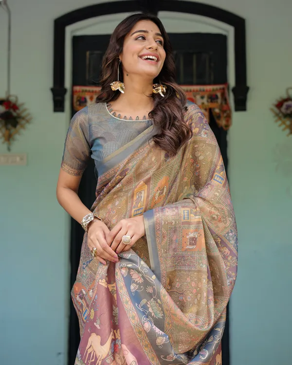Rust_Beige_Handloom_Cotton_Saree_with_Royal_Animal_Caravan_&_Scenic_Village_Pallu