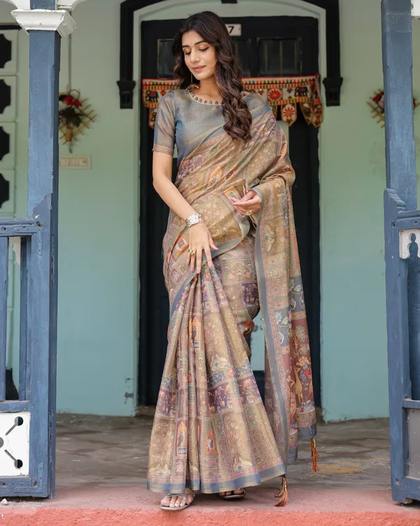 Rust_Beige_Handloom_Cotton_Saree_with_Royal_Animal_Caravan_&_Scenic_Village_Pallu