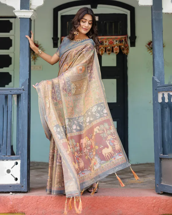 Rust_Beige_Handloom_Cotton_Saree_with_Royal_Animal_Caravan_&_Scenic_Village_Pallu