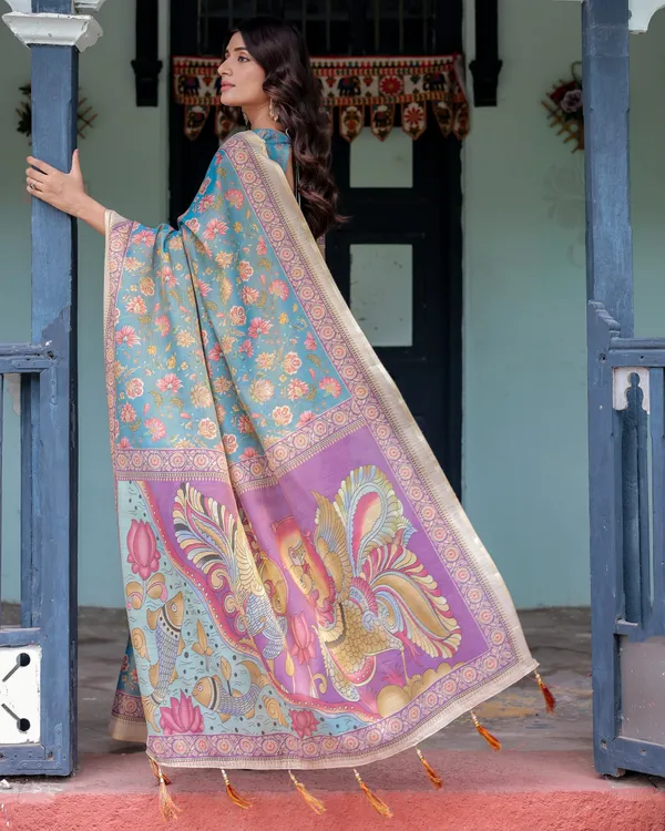 Aqua_Blue_Handloom_Cotton_Saree_with_Multicolor_Floral_Print_&_Royal_Simha-Pakshi_Pallu