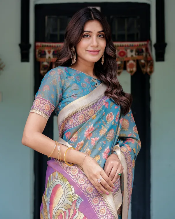 Aqua_Blue_Handloom_Cotton_Saree_with_Multicolor_Floral_Print_&_Royal_Simha-Pakshi_Pallu