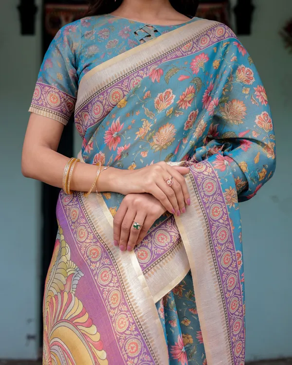 Aqua_Blue_Handloom_Cotton_Saree_with_Multicolor_Floral_Print_&_Royal_Simha-Pakshi_Pallu