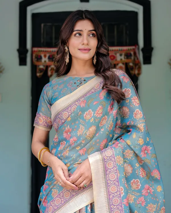 Aqua_Blue_Handloom_Cotton_Saree_with_Multicolor_Floral_Print_&_Royal_Simha-Pakshi_Pallu