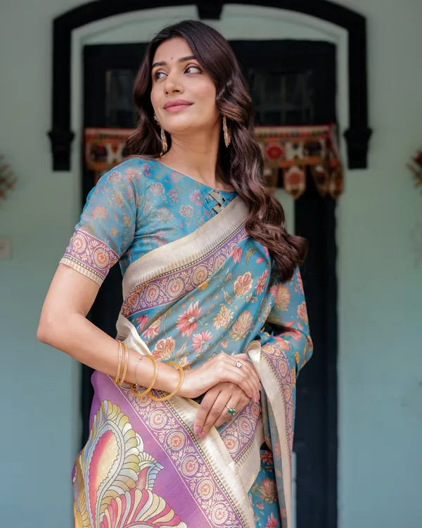 Aqua_Blue_Handloom_Cotton_Saree_with_Multicolor_Floral_Print_&_Royal_Simha-Pakshi_Pallu