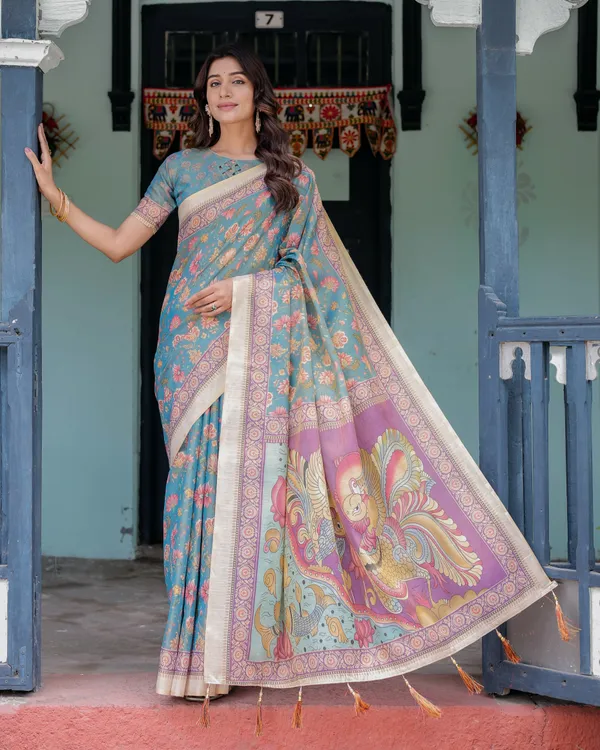 Aqua_Blue_Handloom_Cotton_Saree_with_Multicolor_Floral_Print_&_Royal_Simha-Pakshi_Pallu