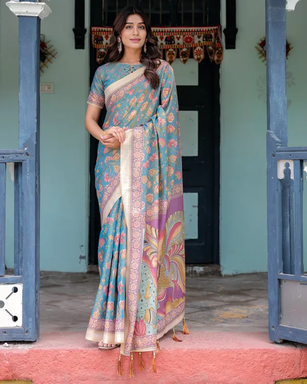 Aqua_Blue_Handloom_Cotton_Saree_with_Multicolor_Floral_Print_&_Royal_Simha-Pakshi_Pallu