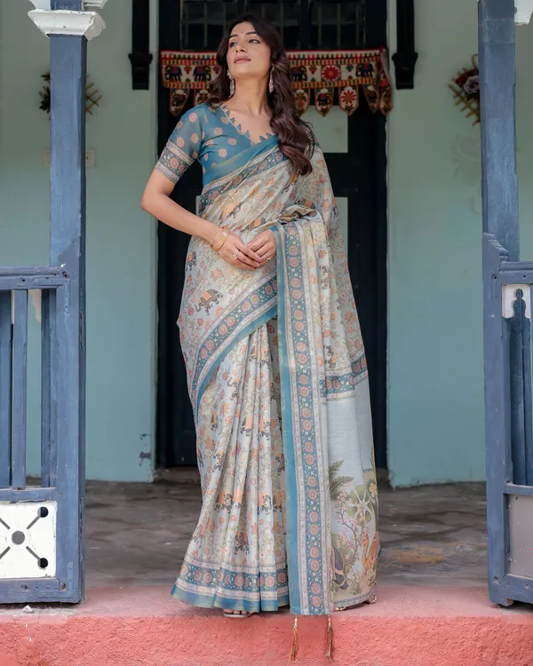 Icy_Blue_Handloom_Cotton_Saree_with_Peach_Elephant_Motifs_&_Royal_Procession_Pallu