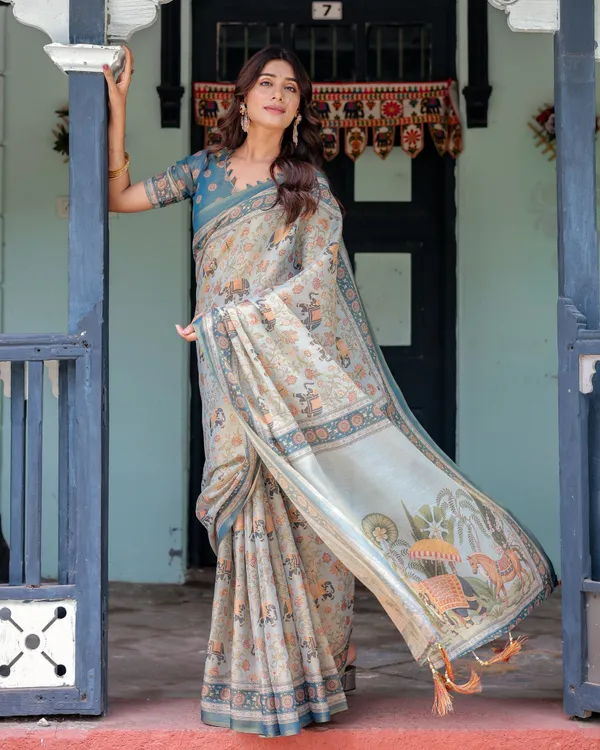 Icy_Blue_Handloom_Cotton_Saree_with_Peach_Elephant_Motifs_&_Royal_Procession_Pallu