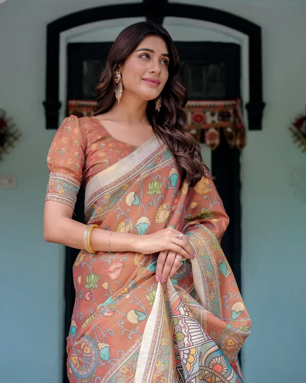 Terracotta_Handloom_Cotton_Saree_with_Blooming_Floral_Print_&_Madhubani_Fish_Pallu