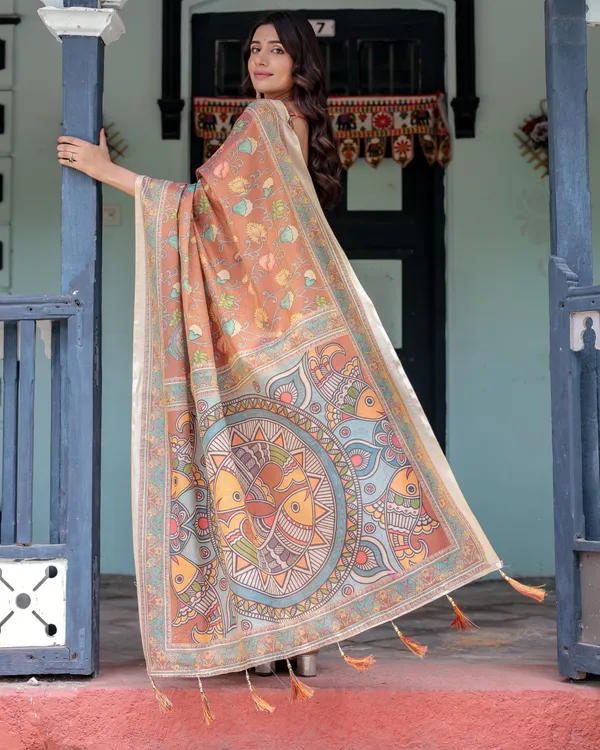 Terracotta_Handloom_Cotton_Saree_with_Blooming_Floral_Print_&_Madhubani_Fish_Pallu