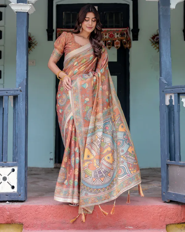 Terracotta_Handloom_Cotton_Saree_with_Blooming_Floral_Print_&_Madhubani_Fish_Pallu