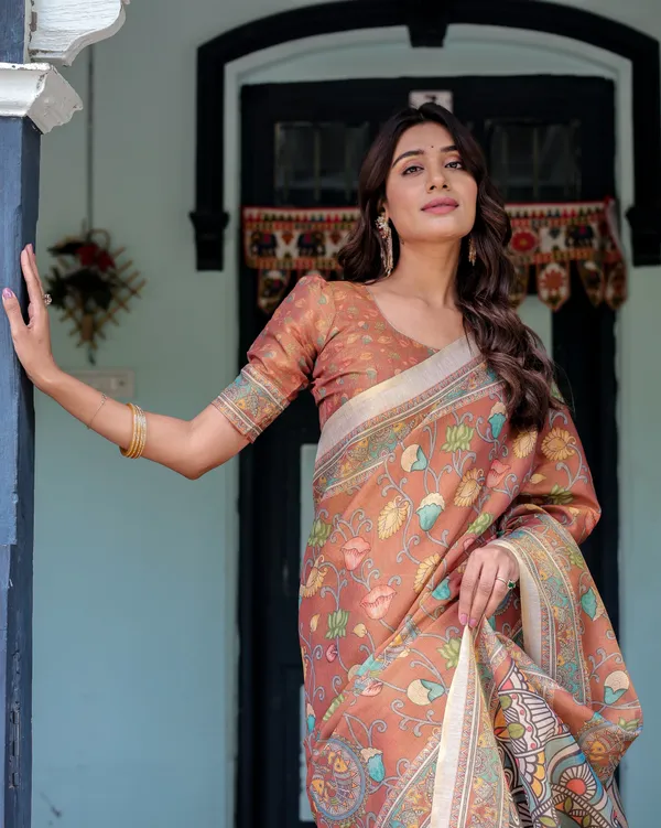 Terracotta_Handloom_Cotton_Saree_with_Blooming_Floral_Print_&_Madhubani_Fish_Pallu