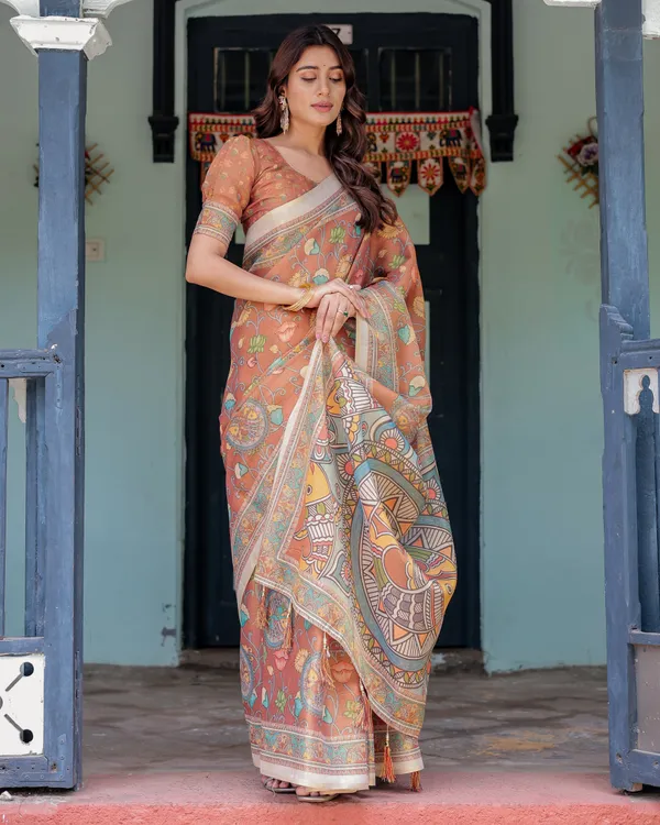 Terracotta_Handloom_Cotton_Saree_with_Blooming_Floral_Print_&_Madhubani_Fish_Pallu