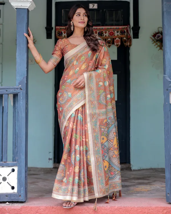 Terracotta_Handloom_Cotton_Saree_with_Blooming_Floral_Print_&_Madhubani_Fish_Pallu