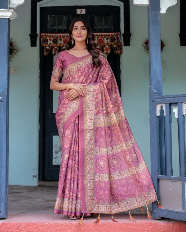 Plum_Rose_Handloom_Cotton_Saree_with_Floral_Buttas_&_Traditional_Peacock_Medallion_Pallu