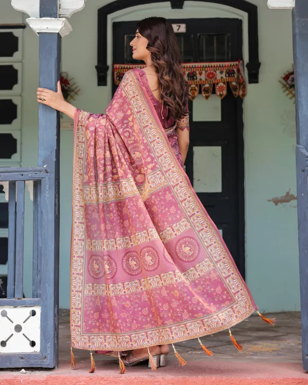 Plum_Rose_Handloom_Cotton_Saree_with_Floral_Buttas_&_Traditional_Peacock_Medallion_Pallu