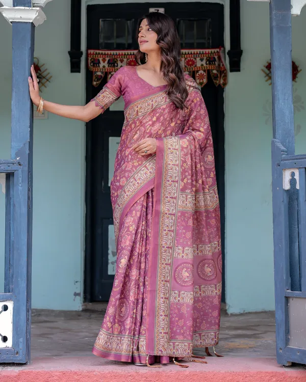 Plum_Rose_Handloom_Cotton_Saree_with_Floral_Buttas_&_Traditional_Peacock_Medallion_Pallu