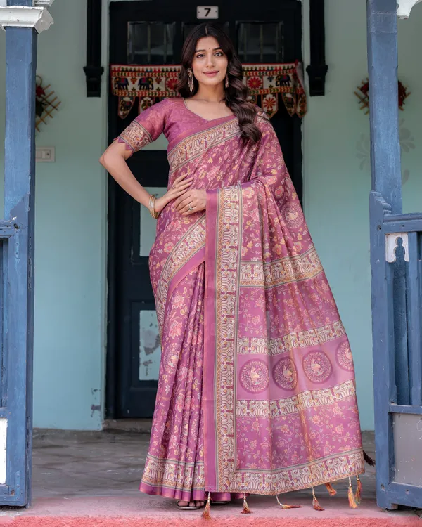 Plum_Rose_Handloom_Cotton_Saree_with_Floral_Buttas_&_Traditional_Peacock_Medallion_Pallu