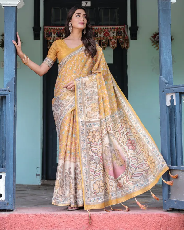 Golden_Mustard_Handloom_Cotton_Saree_with_Floral_Vines_&_Graceful_Deer_Pallu