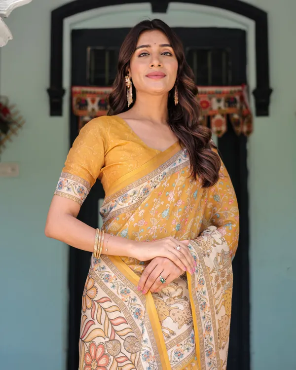 Golden_Mustard_Handloom_Cotton_Saree_with_Floral_Vines_&_Graceful_Deer_Pallu