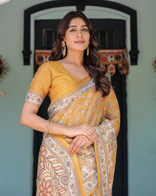 Golden_Mustard_Handloom_Cotton_Saree_with_Floral_Vines_&_Graceful_Deer_Pallu