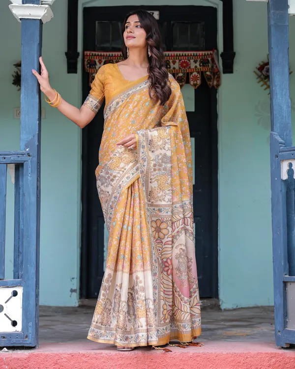 Golden_Mustard_Handloom_Cotton_Saree_with_Floral_Vines_&_Graceful_Deer_Pallu