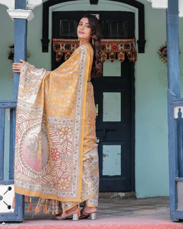 Golden_Mustard_Handloom_Cotton_Saree_with_Floral_Vines_&_Graceful_Deer_Pallu
