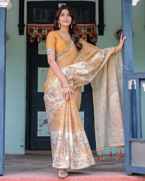 Golden_Mustard_Handloom_Cotton_Saree_with_Floral_Vines_&_Graceful_Deer_Pallu