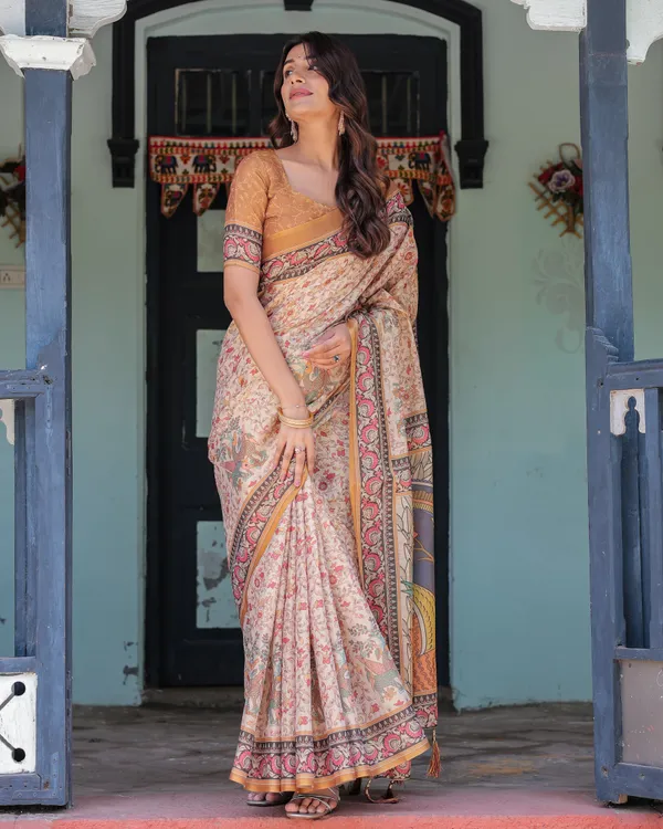 Beige_&_Maroon_Handloom_Cotton_Saree_with_Floral_Vine_Print_&_Mythical_Madhubani_Cow_Pallu