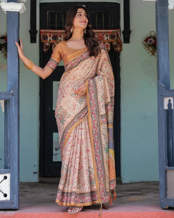 Beige_&_Maroon_Handloom_Cotton_Saree_with_Floral_Vine_Print_&_Mythical_Madhubani_Cow_Pallu
