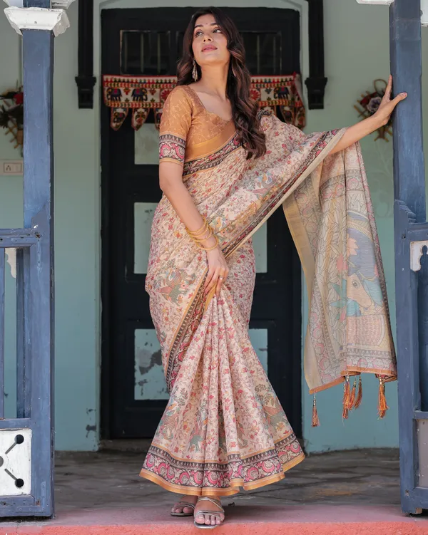 Beige_&_Maroon_Handloom_Cotton_Saree_with_Floral_Vine_Print_&_Mythical_Madhubani_Cow_Pallu