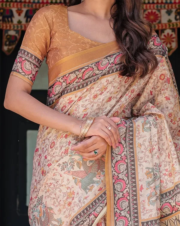 Beige_&_Maroon_Handloom_Cotton_Saree_with_Floral_Vine_Print_&_Mythical_Madhubani_Cow_Pallu