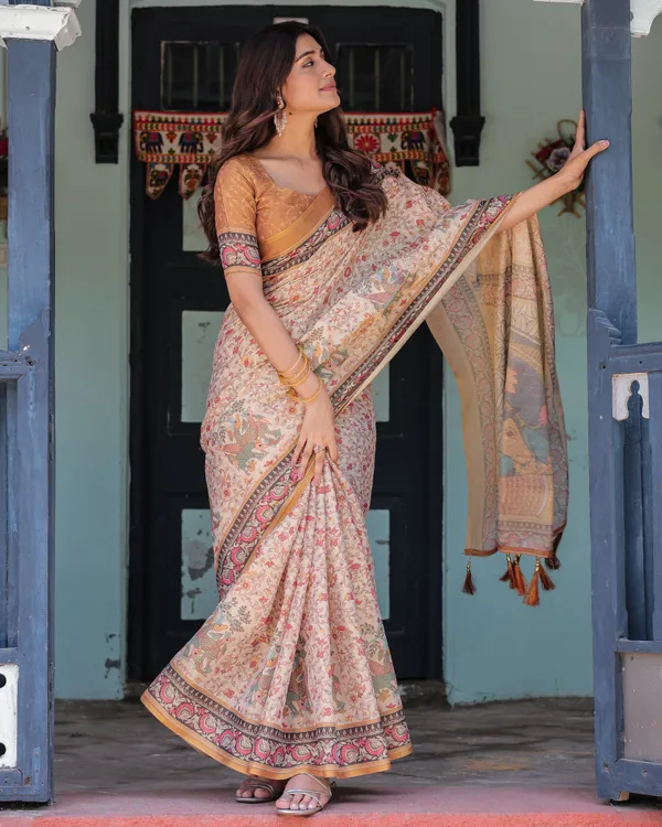 Beige_&_Maroon_Handloom_Cotton_Saree_with_Floral_Vine_Print_&_Mythical_Madhubani_Cow_Pallu