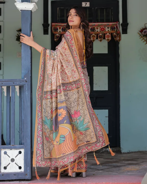 Beige_&_Maroon_Handloom_Cotton_Saree_with_Floral_Vine_Print_&_Mythical_Madhubani_Cow_Pallu