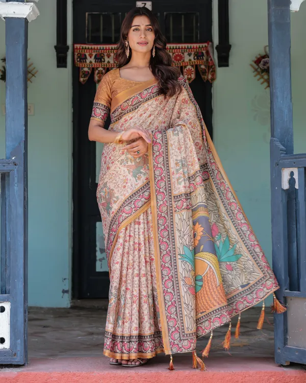 Beige_&_Maroon_Handloom_Cotton_Saree_with_Floral_Vine_Print_&_Mythical_Madhubani_Cow_Pallu